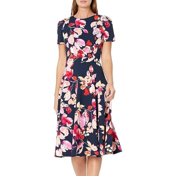 CALVIN KLEINPrinted Scuba Crepe Short-Sleeve Dress